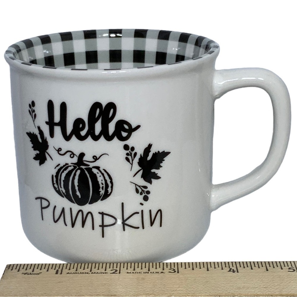 Mug Hello Pumpkin Phrase Gingham Check Buffalo Plaid Accented Ceramic  16 OZ - Picture 6 of 14